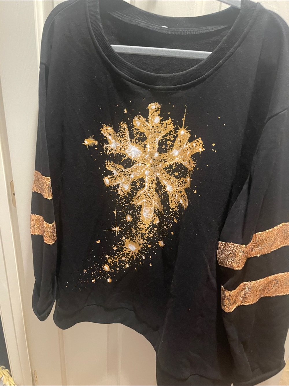 Black Women's Sparkle Snowflake Pullover Sweatshirt - Gold Design